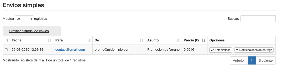 Consulta los envíos simples de email -